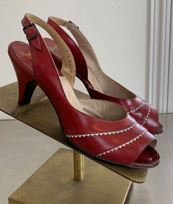 Vintage 50s Red Sling Back Peep Toe Heels - image 2