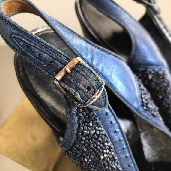 Vintage 40s Metallic Blue Beaded Peep Toe Slingba… - image 8