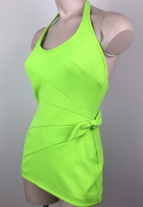 Vintage 60s Lime Pin Up Halter Swimsuit Bathing S… - image 4