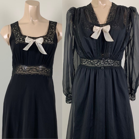 Vintage 40s Black Rayon Nylon Peignoir Set Lingeri