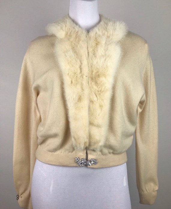 Vintage 50s Cream Cashmere Sweater With Mink Colla