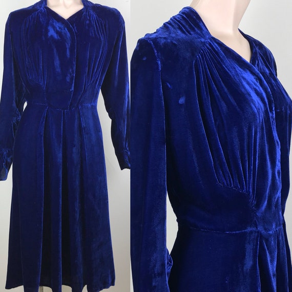 Vintage 40s Blue Silk Velvet Dress