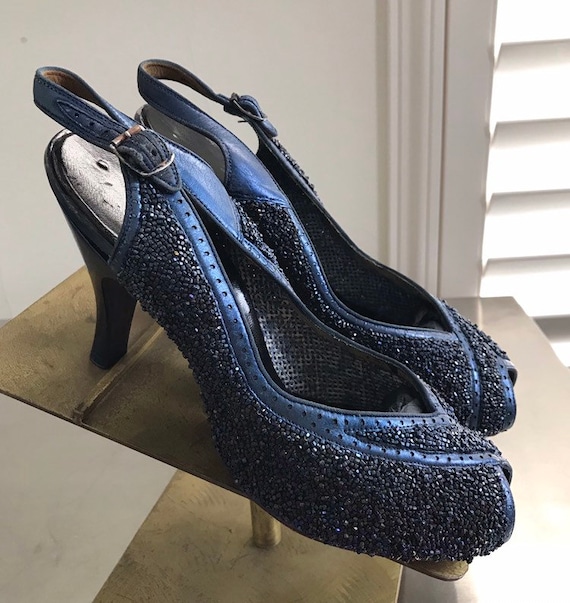 Vintage 40s Metallic Blue Beaded Peep Toe Slingbac