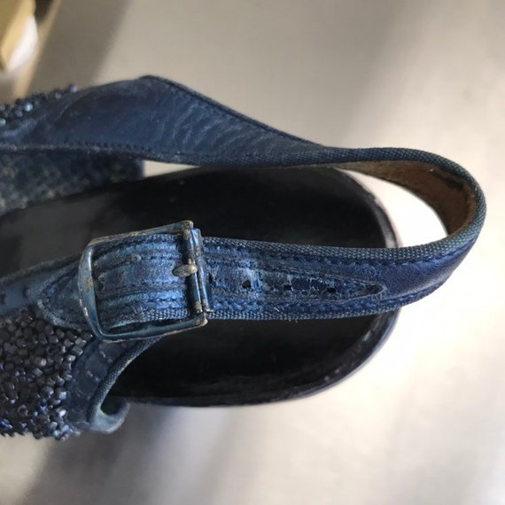 Vintage 40s Metallic Blue Beaded Peep Toe Slingba… - image 5