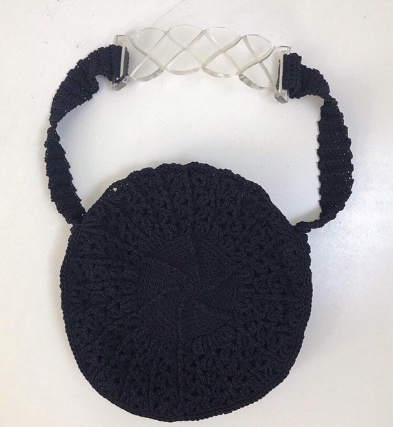 Vintage 40s Navy Crochet Handbag With Carved Lucit