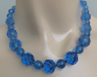 Vintage 30s Art Deco Blue Faceted Glass Necklace