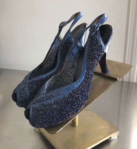 Vintage 40s Metallic Blue Beaded Peep Toe Slingba… - image 3