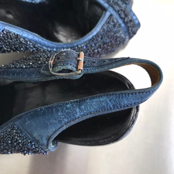 Vintage 40s Metallic Blue Beaded Peep Toe Slingba… - image 7