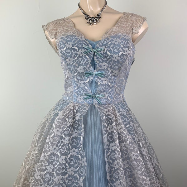 Vintage 50s Ice Blue Lace Tulle Prom Dress Formal Dress
