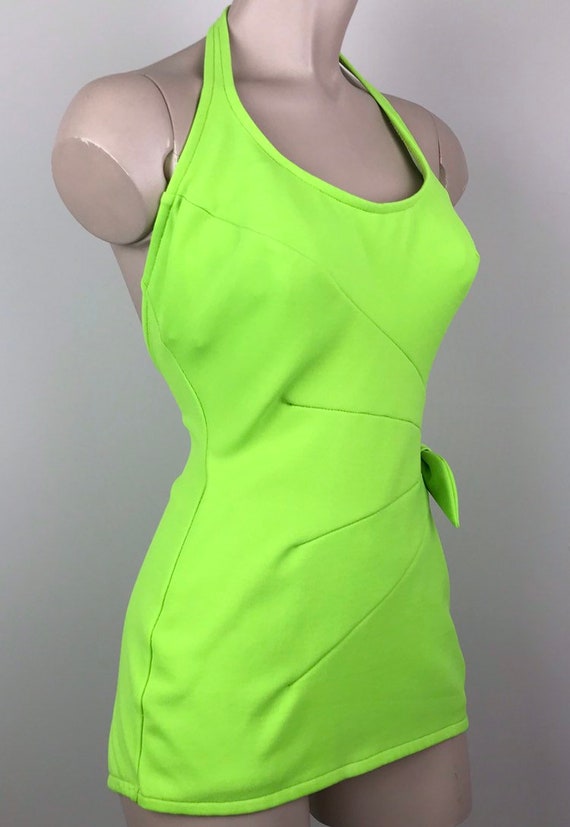 Vintage 60s Lime Pin Up Halter Swimsuit Bathing S… - image 3