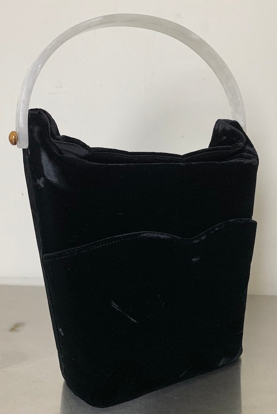 Vintage 50s Black Velvet Bucket Handbag With Luci… - image 1
