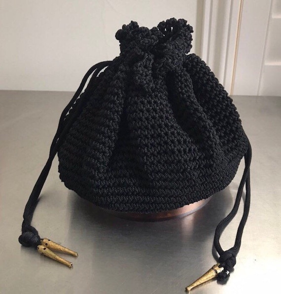 Vintage 40s Black Crochet Drawstring Purse With To
