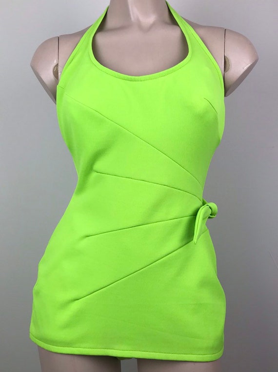 Vintage 60s Lime Pin Up Halter Swimsuit Bathing S… - image 2
