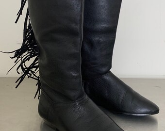 black leather fringe boots