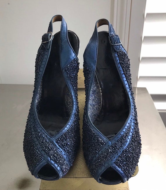 Vintage 40s Metallic Blue Beaded Peep Toe Slingba… - image 2