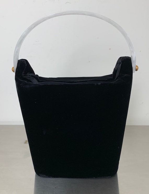 Vintage 50s Black Velvet Bucket Handbag With Luci… - image 7