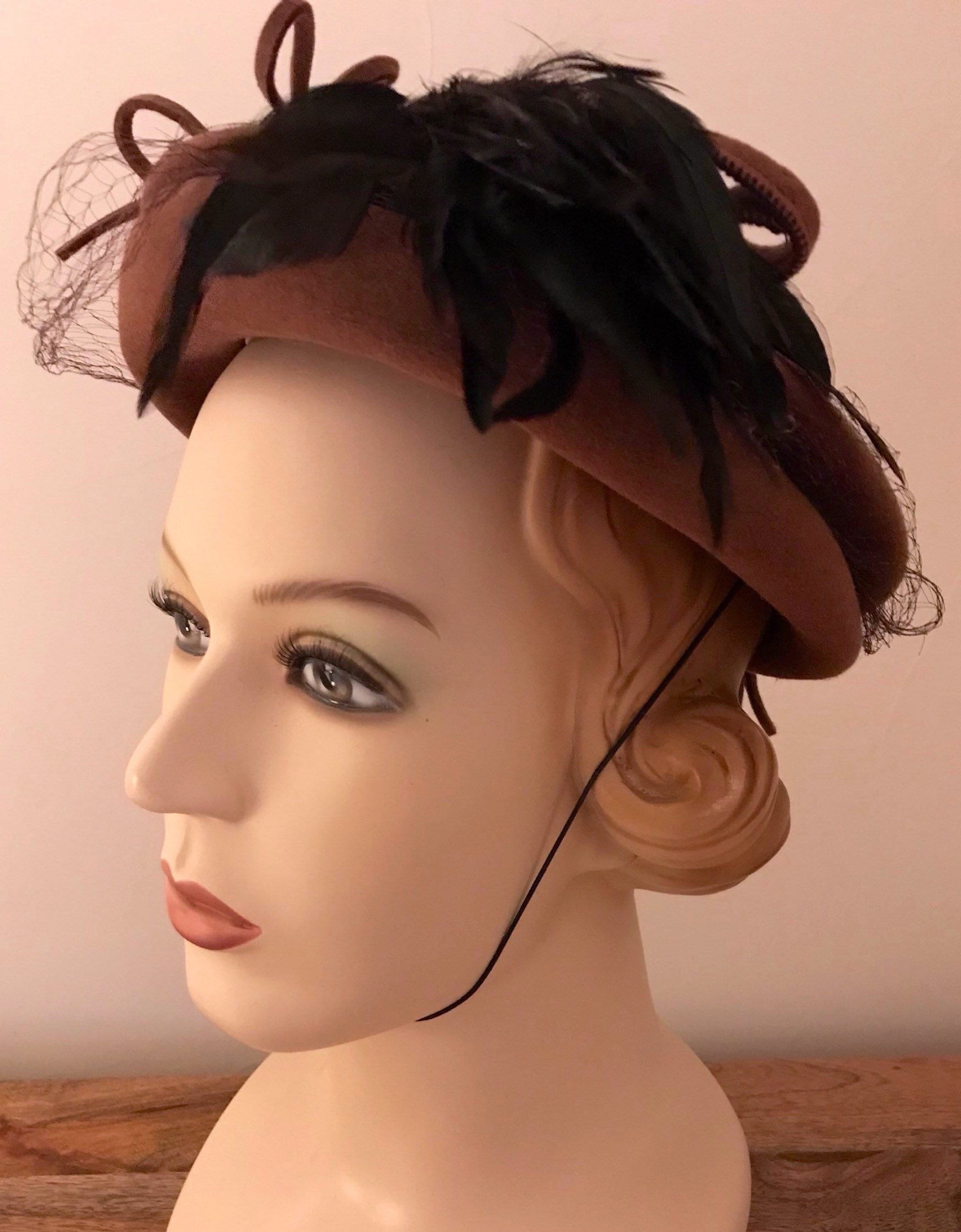 PERKY 1940s\' YELLOW FURRY FELT HAT + VEILING & FEATHERS Vintage 1940s Tilt Hat with Dramatic Feathers, Grey Felt  main image 2