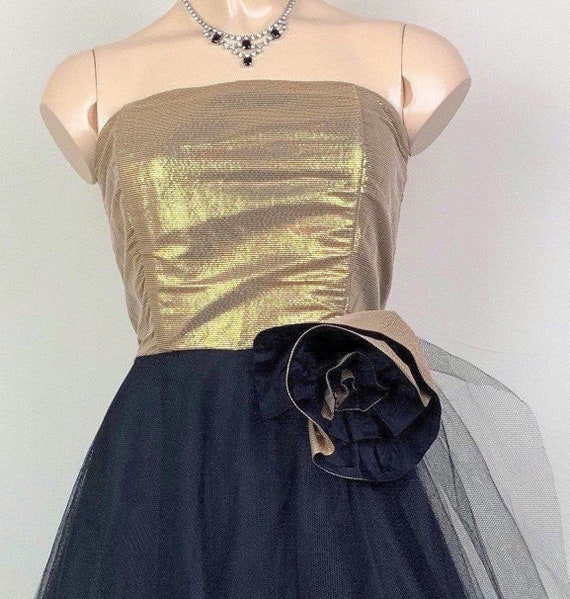 Vintage 50s Strapless Black/Gold Tulle Formal Dres