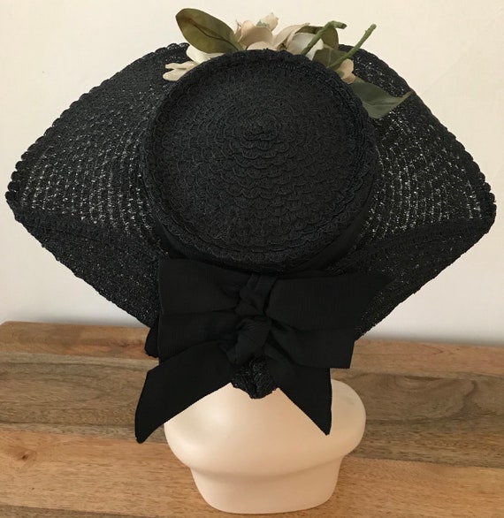 Vintage 40s Black Straw Wide Brim Hat