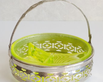 Chartreuse Green Relish Dish in Silver Plate Holder, vintage
