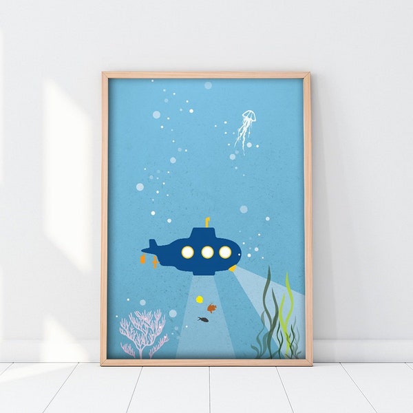 Submarine Print, Under the sea, Nursery Decor, Baby Shower Gift, Colorful Print, Under Water, Boy Room Print, Blue, Toddler Room Wall Art,