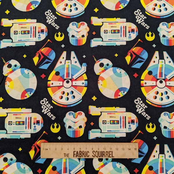 Star Wars Fabric - Retro Colourful Rainbow Licensed Fabric - R2D2, Millenium Falcon