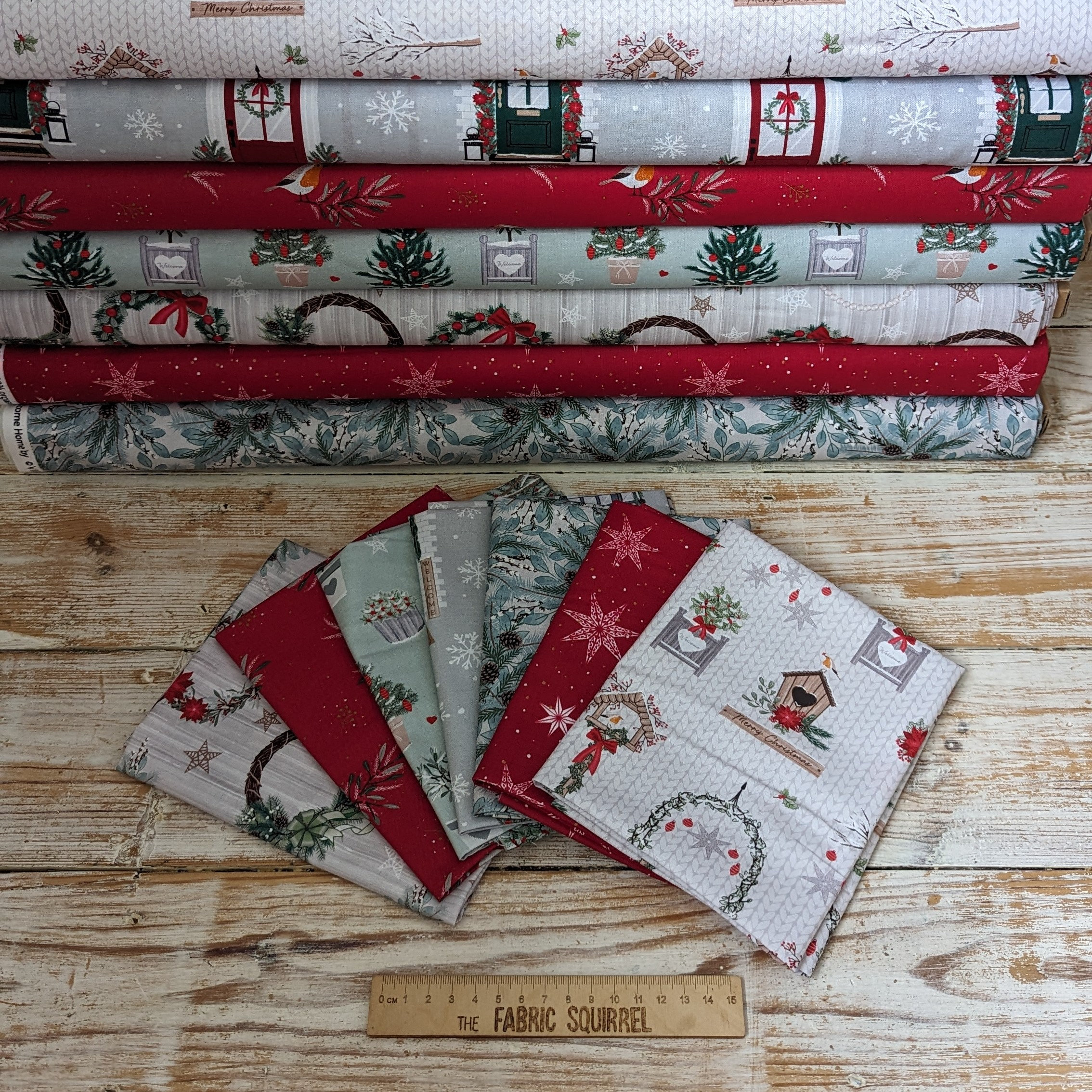 Santa with Sheep in Green and Red, Yuletide by Clothworks, Quilting Fabric, 100% Cotton, 44 wide