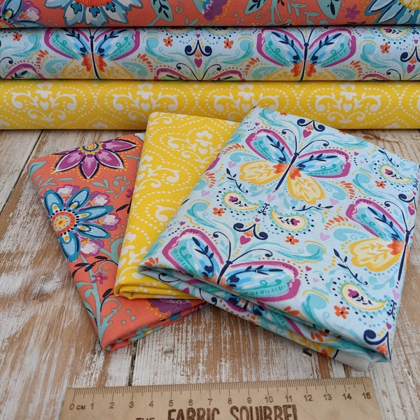Orange and Yellow Florals and Butterfly Fabric - Summer Song Fabrics by 3 Wishes Fabrics - Fat Quarters and by the Metre
