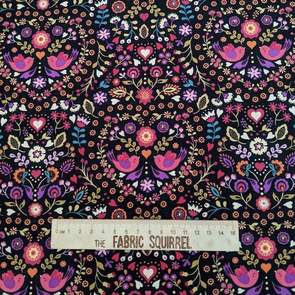 Black and Pink Floral Heart Fabric - Little Bird - Little Matryoshka by Lewis and Irene