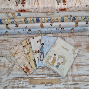 May include: A set of six fabric panels featuring a vintage style design of women in swimsuits. The panels are in various colours, including blue, white, and beige. The panels are printed with the text "Simplicity Vintage" and "LNIA".