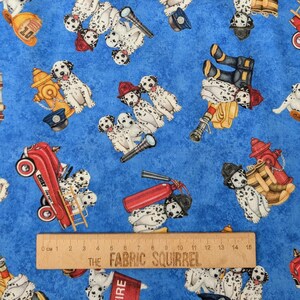 Blue Firefighter Dog Fabric on Blue - American Heroes Firefight from QT Fabrics - Dalmatian Marshal Fabric
