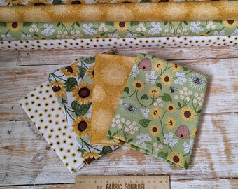 Sunflower Fabric - Lewis and Irene Fabrics - Bee Fabric - Yellow and Green Material