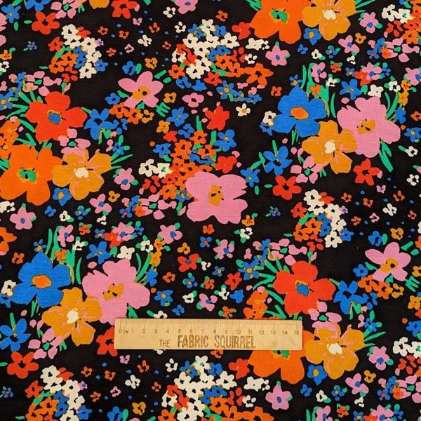 Vibrant Floral Bouquet Viscose Jersey Dressmaking Fabric on Black