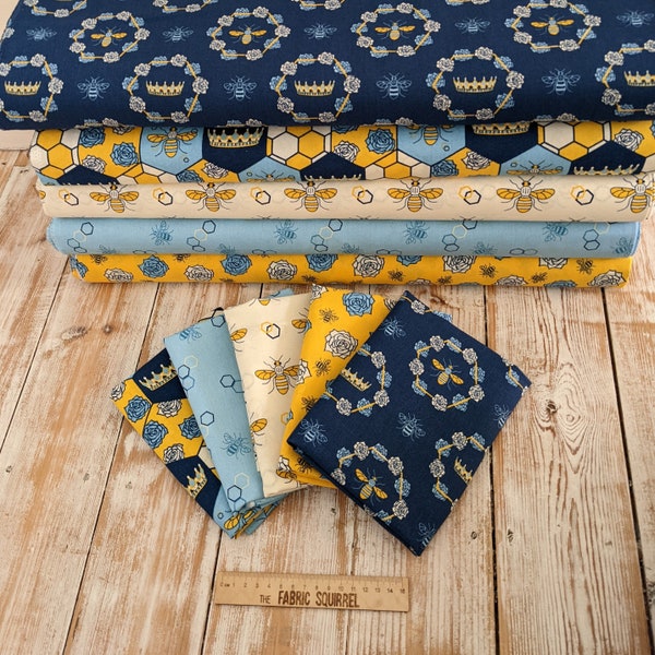 Queen Bee Fabric - Honey Bees and Crowns - Royal Fabric - Yellow and Blue Material