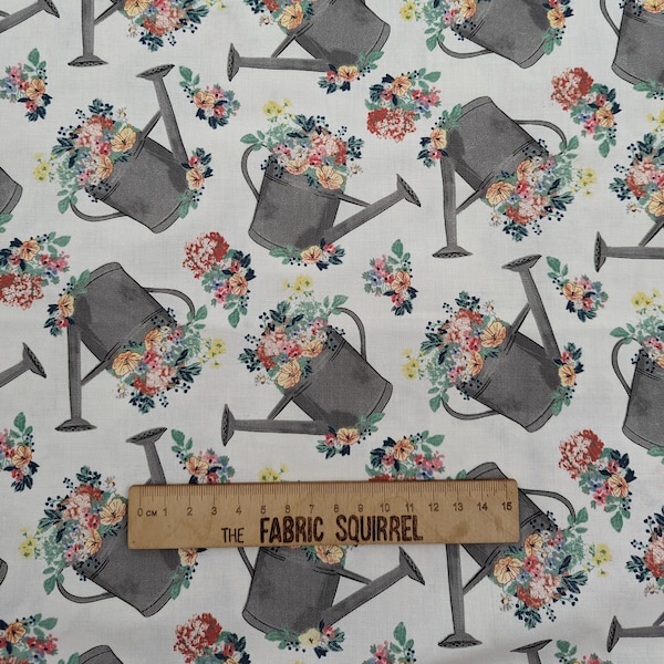 Floral Watering Can Fabric - Flower Junction by 3 Wishes Fabrics - Gardeners Material