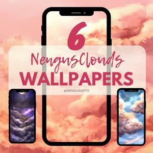 Könnte beinhalten: Werbebild für sechs Handy-Hintergründe mit Wolkenmotiven. Das zentrale Telefon zeigt die Zahl "6" und den Text "NengusClouds WALLPAPERS". Zwei weitere Telefone zeigen verschiedene Wolken-Designs. Der Hintergrund ist rosa.