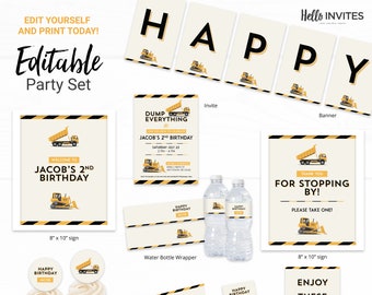 Construction Birthday Party Decorations - Instant Access Edit Now - Dump Truck Party Digital Printable DIY Decor