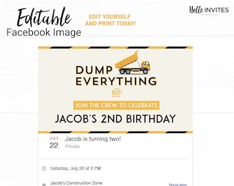 Construction Facebook Event Image Birthday Invitation - Instant Access Edit Now - Dump Truck Party Invite Digital Printable DIY Invitation