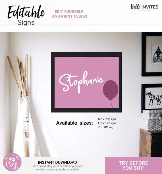 Pink Balloon Playroom Bedroom Wall Art - Instant Access Edit Now - Pretty in Pink Nursery Toddler Kids Name Sign Decoration Printable Il_570xn