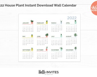 2022 House Plant Instant Download Wall Calendar Office Decoration Digital Printable Decor