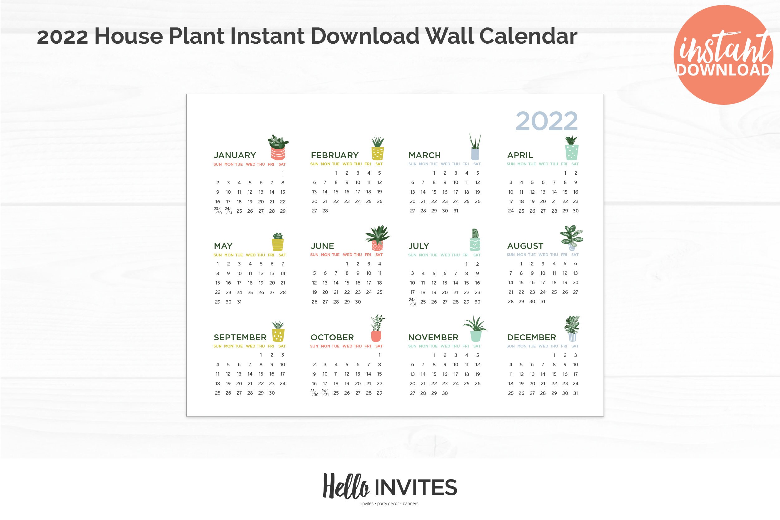 2022 House Plant Instant Download Wall Calendar Office - Etsy Canada