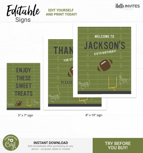 Football Custom Party Sign Birthday Decorations - Instant Access Edit Now - Football Field Sports Digital Printable DIY Decor Il_570xn