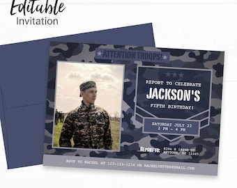 Camo Blue Birthday Invitation - Instant Access Edit Now - Military Army Camouflage Invite Digital Printable DIY Invitation