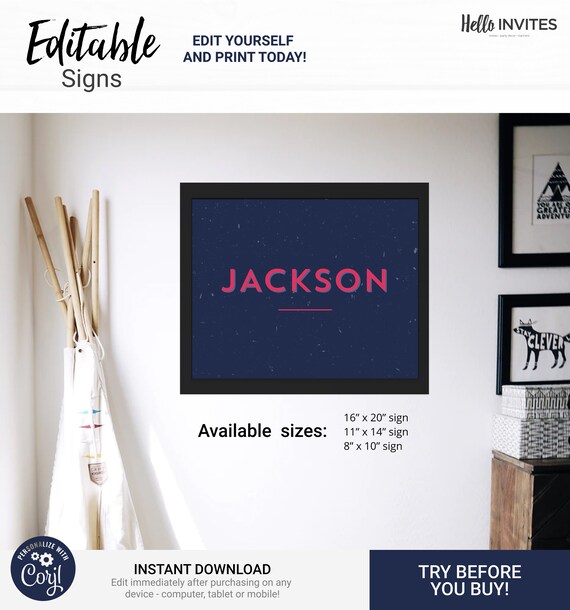 Geometric Playroom Bedroom Wall Art - Instant Access Edit Now - Minimal Modern Clean Blue Nursery Toddler Kids Name Sign Decoration Print Il_570xn