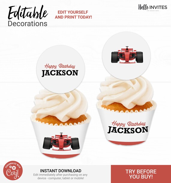 Race Car Cupcake Topper Birthday Decorations - Instant Access Edit Now - Start Your Engines Racing Digital Printable DIY Decor Il_570xn
