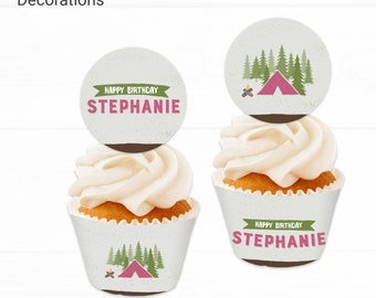Camping Cupcake Topper and Wrapper Birthday Decorations - Instant Access Edit Now - Forest Camping Mountain Pink Decor Digital Printable DIY