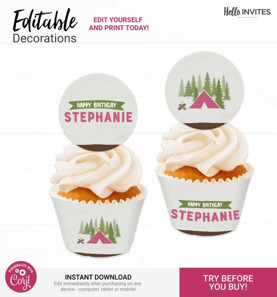 Camping Cupcake Topper and Wrapper Birthday Decorations - Instant Access Edit Now - Forest Camping Mountain Pink Decor Digital Printable DIY Il_570xn