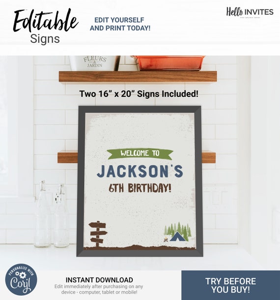 Camping Custom Party Sign Birthday Decorations - Instant Access Edit Now - Forest Camping Mountains Blue Decor Digital Printable DIY Il_570xn