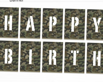 Camo Editable Happy Birthday Banner Decorations - Instant Access Edit Now - Military Army Digital Printable DIY Decor