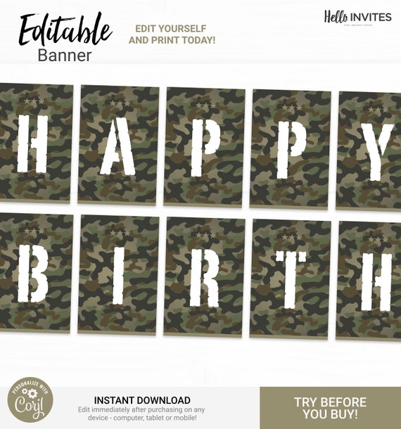 Camo Editable Happy Birthday Banner Decorations - Instant Access Edit Now - Military Army Digital Printable DIY Decor Il_570xn